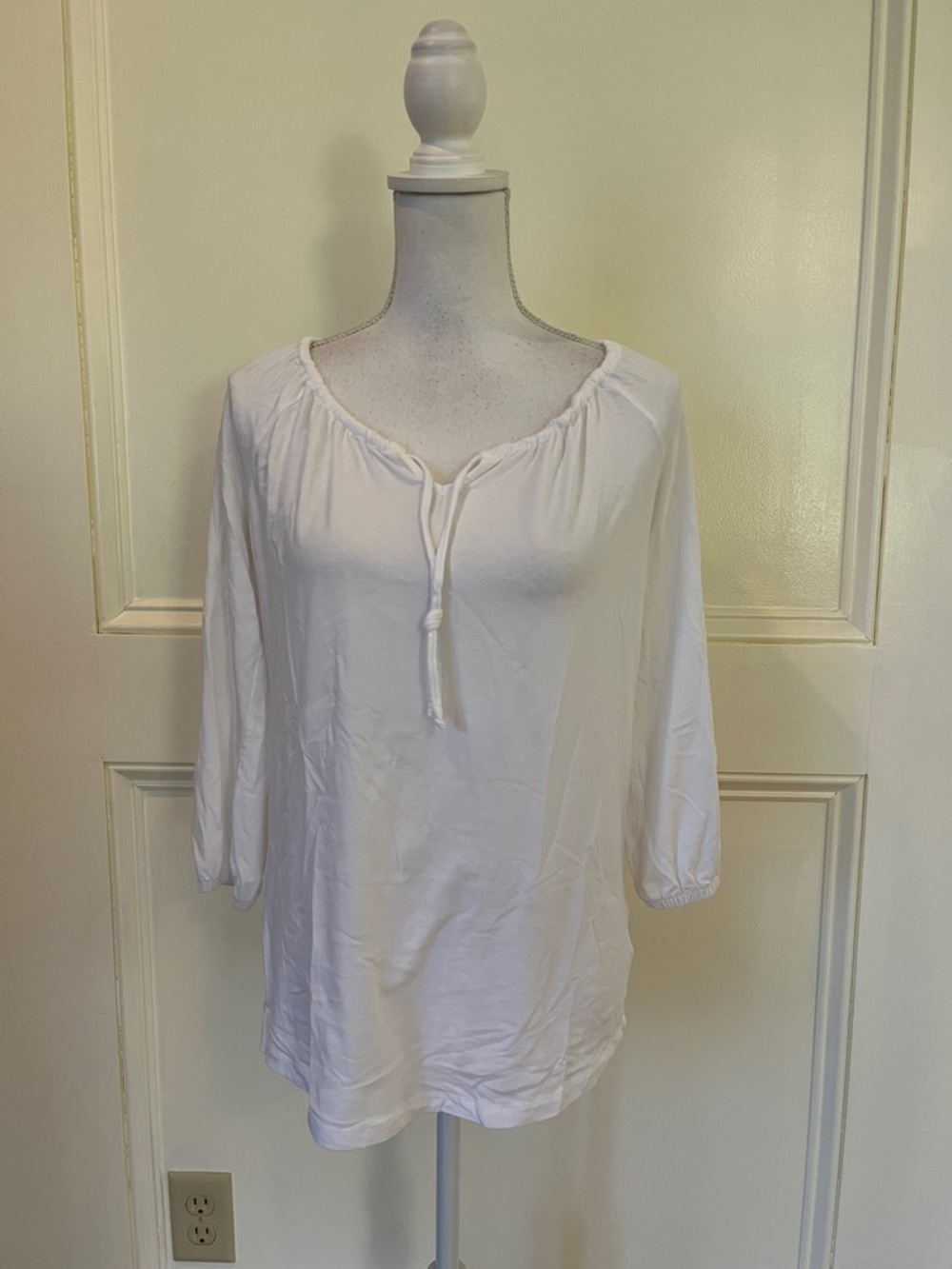 Lands' End White Tie-Neck Peasant Blouse